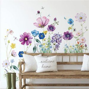 6Pcs Flowers Wall Decals Vinyl Dragonflies Flowers Stickers Removable Floral